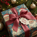Vintage Santa Christmas gift wrap with a burgundy satin bow and From Santa tag by Wrapped Studios.