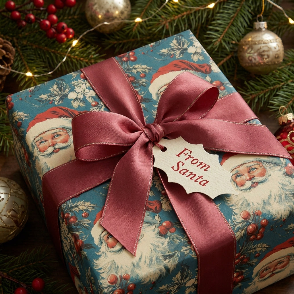 Vintage Santa Christmas gift wrap with a burgundy satin bow and From Santa tag by Wrapped Studios.