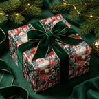 Luxury vintage Santa Christmas wrapping paper with a green velvet bow on a gift box by Wrapped Studios.