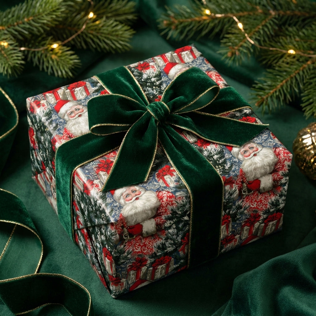 Luxury vintage Santa Christmas wrapping paper with a green velvet bow on a gift box by Wrapped Studios.