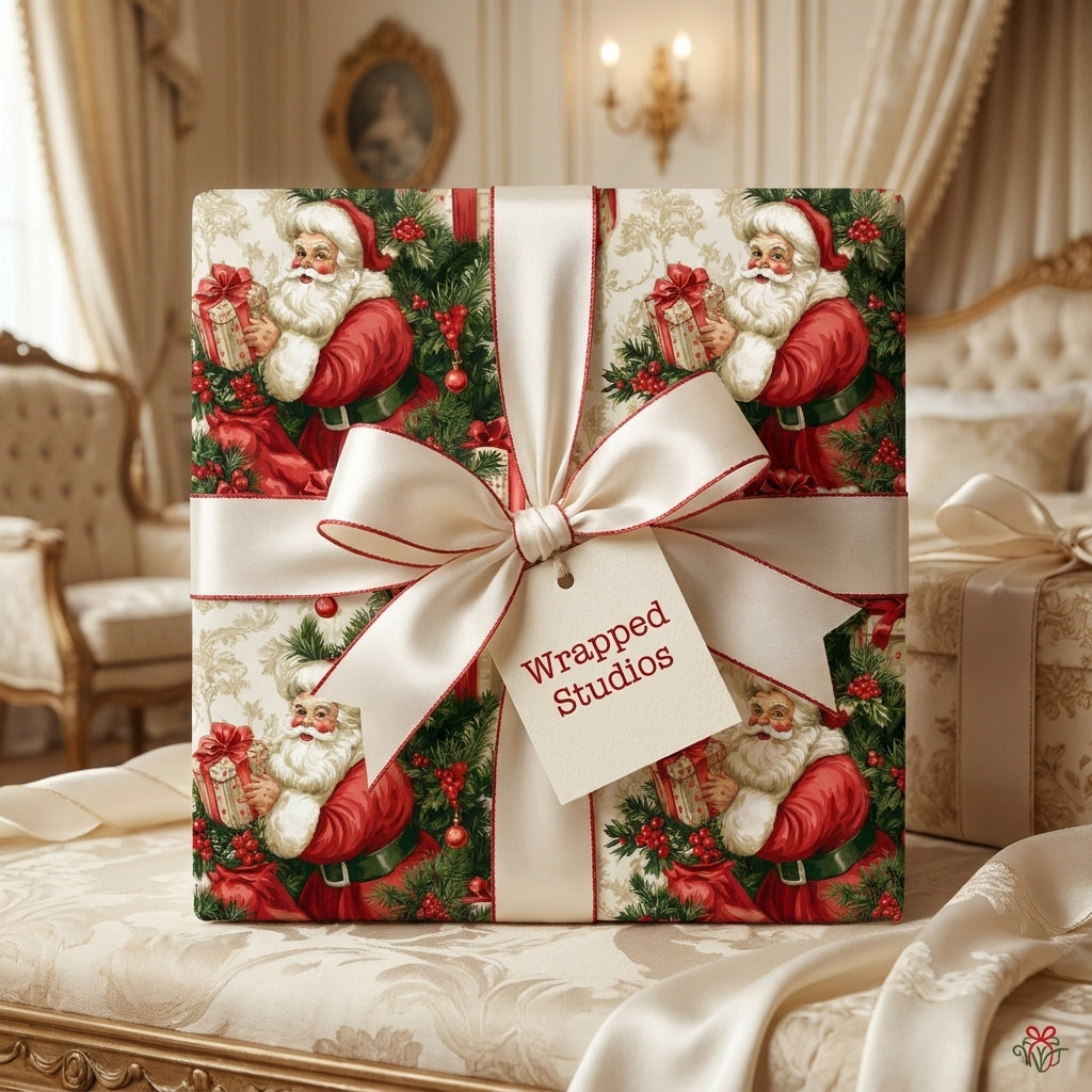 Vintage Santa Claus Christmas wrapping paper with a luxury cream satin bow, by Wrapped Studios.