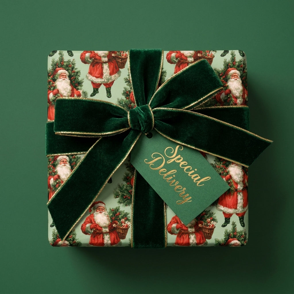 Luxury vintage Santa Christmas gift wrap with a dark green velvet bow and tag by Wrapped Studios.