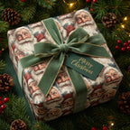 Whimsical Santa Christmas gift wrap, green velvet ribbon, and "Merry Christmas" tag.