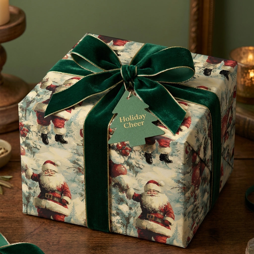 Vintage Santa Christmas wrapping paper with a luxury green velvet bow by Wrapped Studios.
