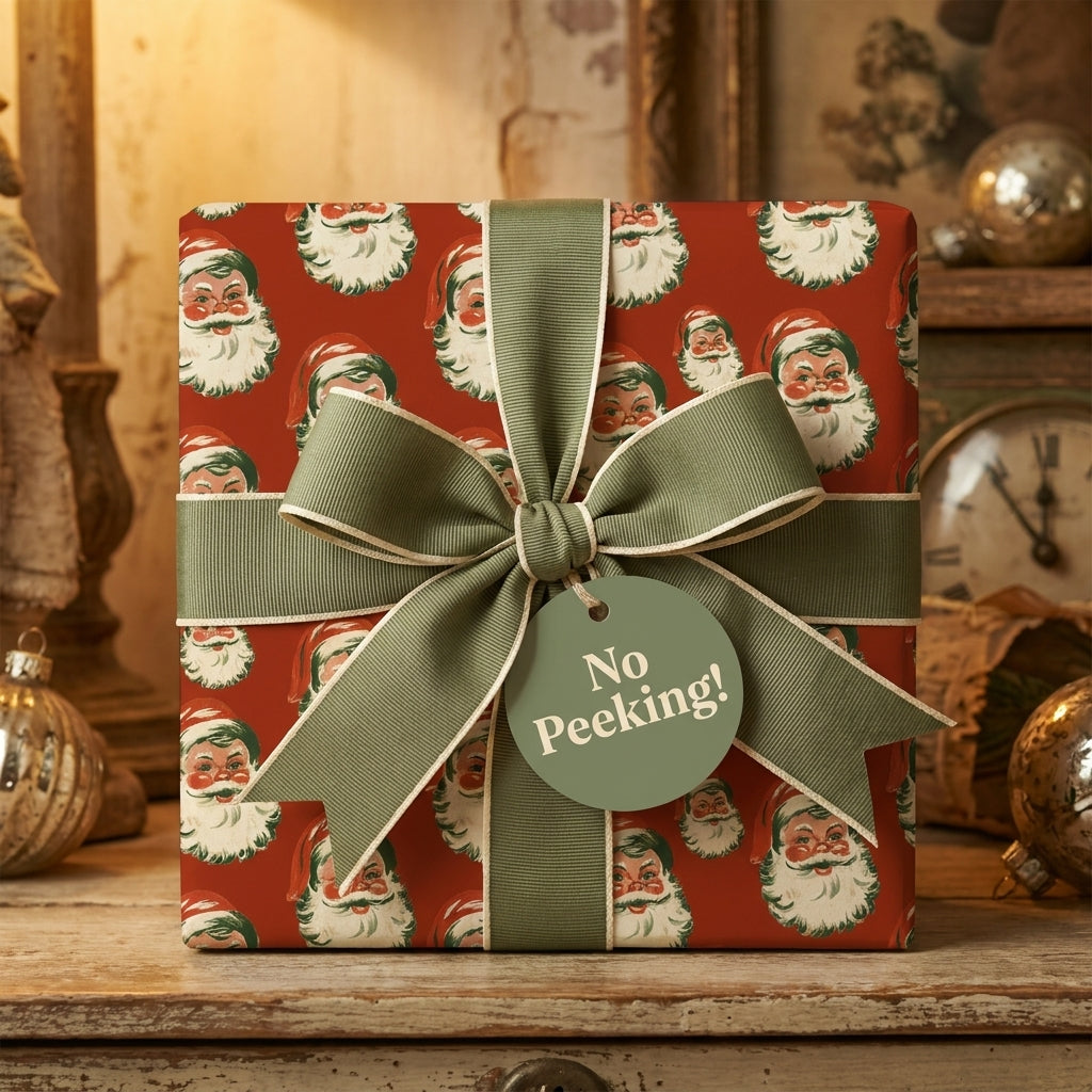 Vintage Santa Claus Christmas wrapping paper with a sage green bow on a gift box by Wrapped Studios.