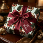 Vintage Santa Christmas wrapping paper by Wrapped Studios with a burgundy bow and No Peeking tag.