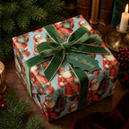 Vintage Santa Christmas wrapping paper with a luxury green velvet bow by Wrapped Studios.