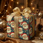 Vintage-style Christmas gift wrap with Santa pattern and gold ribbon.