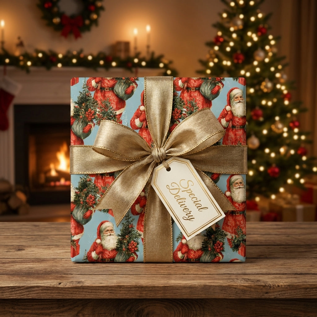 Vintage Santa Christmas wrapping paper with a luxury gold ribbon, by Wrapped Studios.