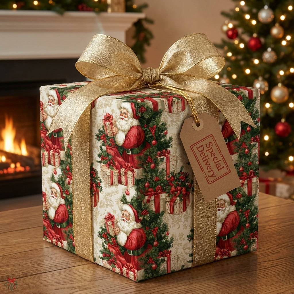 Luxury Christmas gift wrap with vintage Santa pattern, gold bow, and special delivery tag by Wrapped Studios.