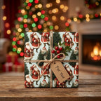 Vintage Santa Christmas wrapping paper by Wrapped Studios, on a gift tied with twine in a cozy holiday setting.