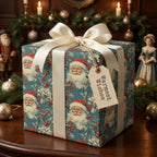 Vintage blue Santa Christmas wrapping paper by Wrapped Studios on a gift box with a cream satin ribbon.
