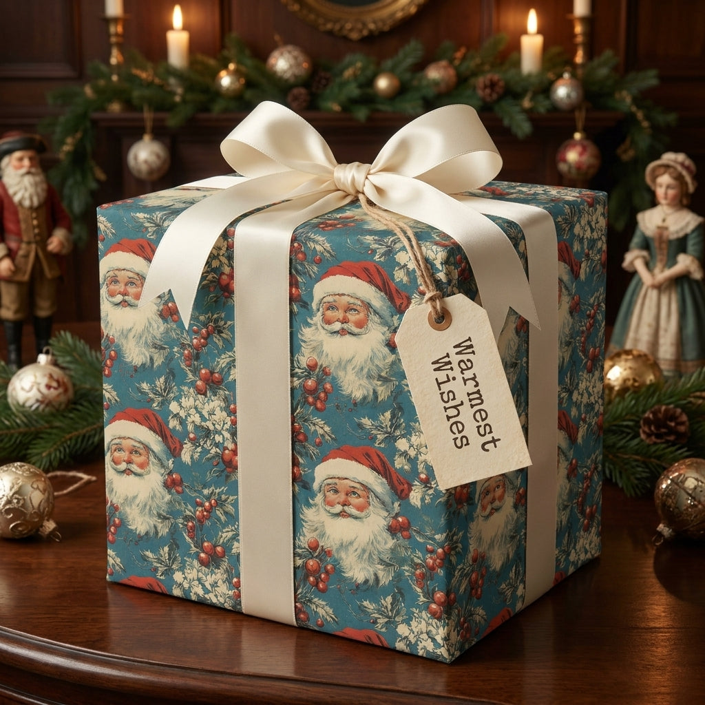 Vintage blue Santa Christmas wrapping paper by Wrapped Studios on a gift box with a cream satin ribbon.
