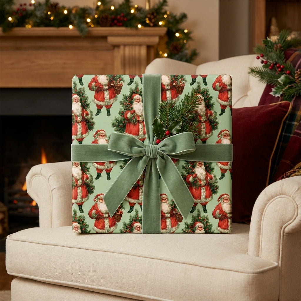 Vintage Santa Claus Christmas wrapping paper with a green velvet ribbon by Wrapped Studios.