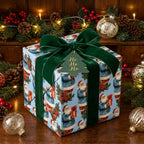 Vintage blue Santa Christmas wrapping paper with a luxury green velvet ribbon by Wrapped Studios.