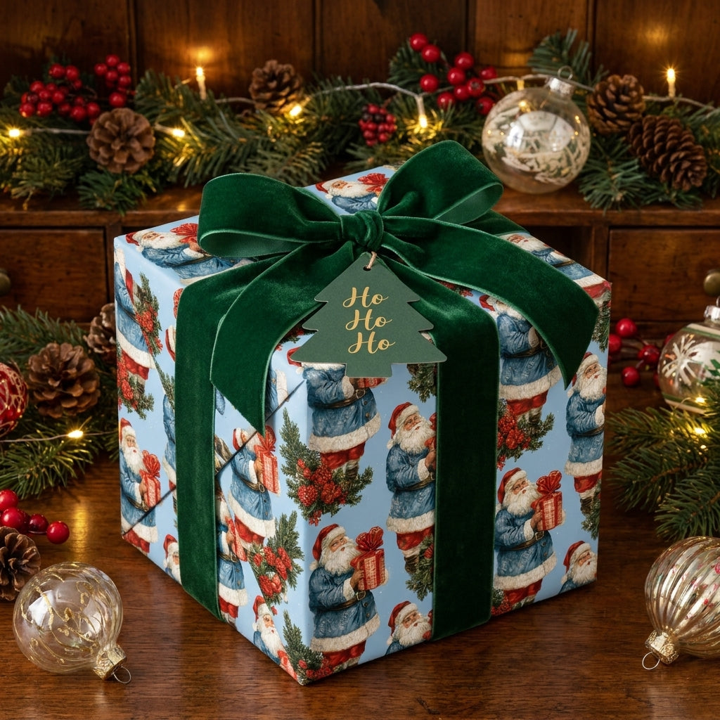 Vintage blue Santa Christmas wrapping paper with a luxury green velvet ribbon by Wrapped Studios.