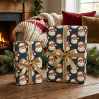Vintage Santa Claus Christmas wrapping paper in navy blue with gold bows by Wrapped Studios.