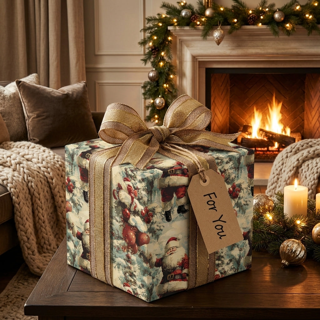 Vintage Santa Christmas wrapping paper by Wrapped Studios on a gift box with a burlap ribbon by the fireplace.