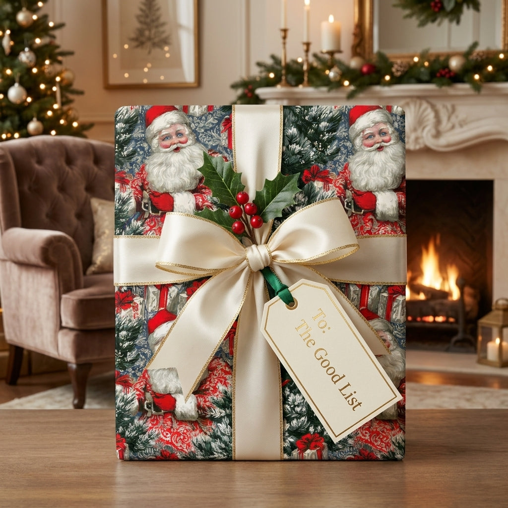 Vintage Santa Claus wrapping paper with cream satin bow and holiday gift tag by Wrapped Studios.