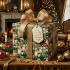 Luxury Christmas gift wrap with a vintage Santa pattern, topped with a gold ribbon and "Do Not Open" tag by Wrapped Studios.