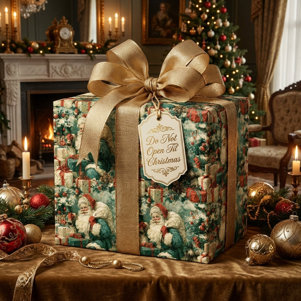 Luxury Christmas gift wrap with a vintage Santa pattern, topped with a gold ribbon and "Do Not Open" tag by Wrapped Studios.