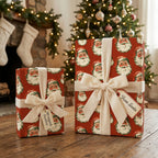 Vintage Santa Christmas wrapping paper by Wrapped Studios on gifts with cream velvet ribbons.