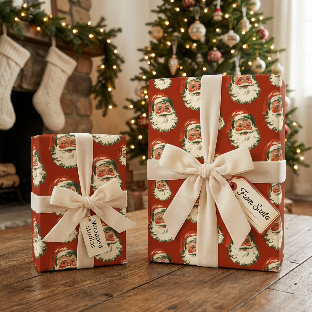 Vintage Santa Christmas wrapping paper by Wrapped Studios on gifts with cream velvet ribbons.