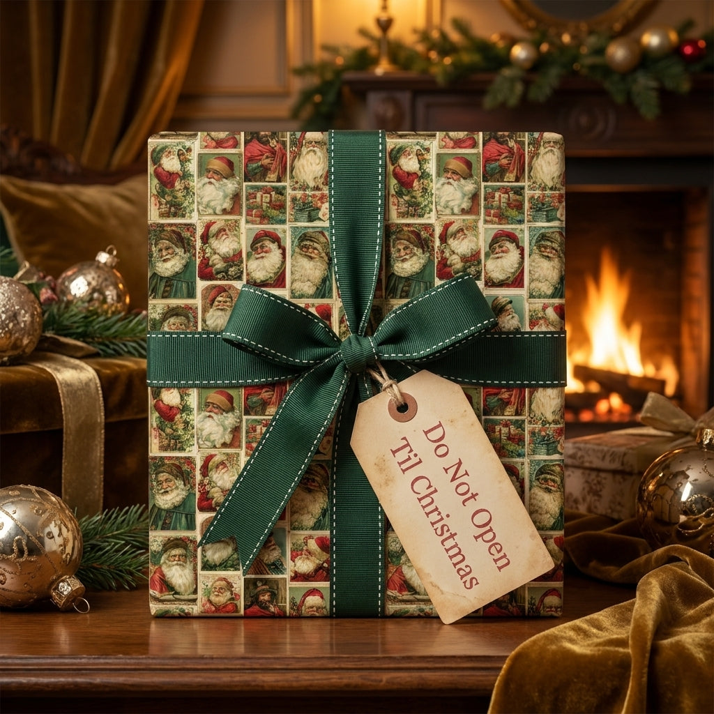Vintage Santa wrapping paper by Wrapped Studios with a green ribbon and Christmas tag, by a cozy fireplace.