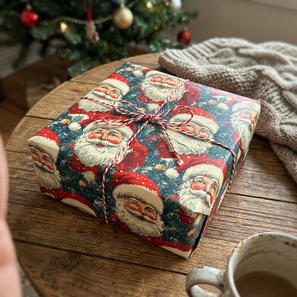 Square gift wrapped in Santa Christmas gift wrap with twine ribbon.