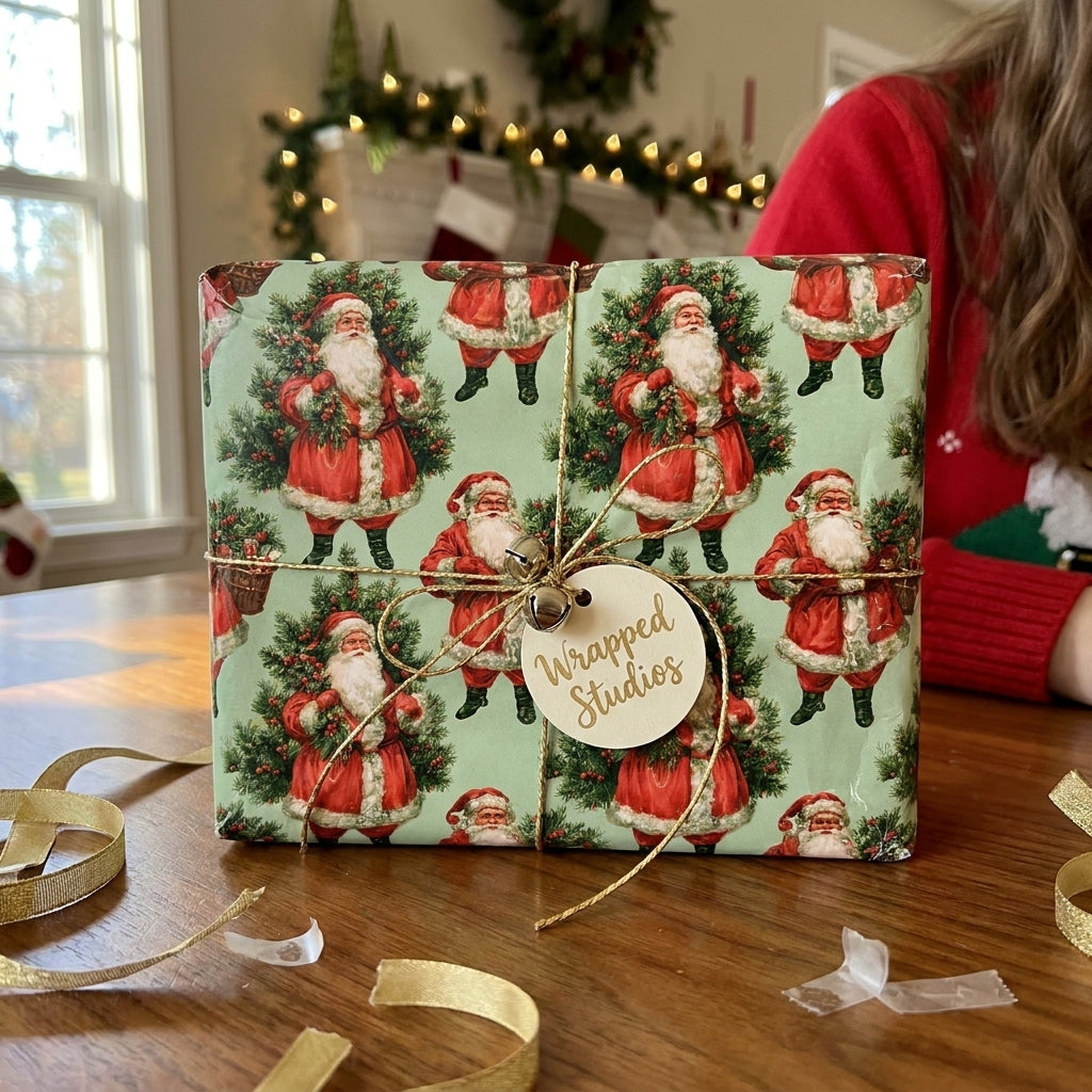 Vintage Santa Christmas wrapping paper in mint green with gold twine, by Wrapped Studios.