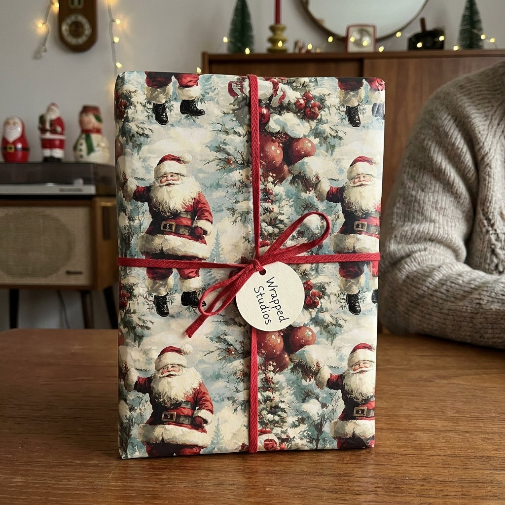 Vintage Santa Christmas wrapping paper with red string bow and tag, from Wrapped Studios.