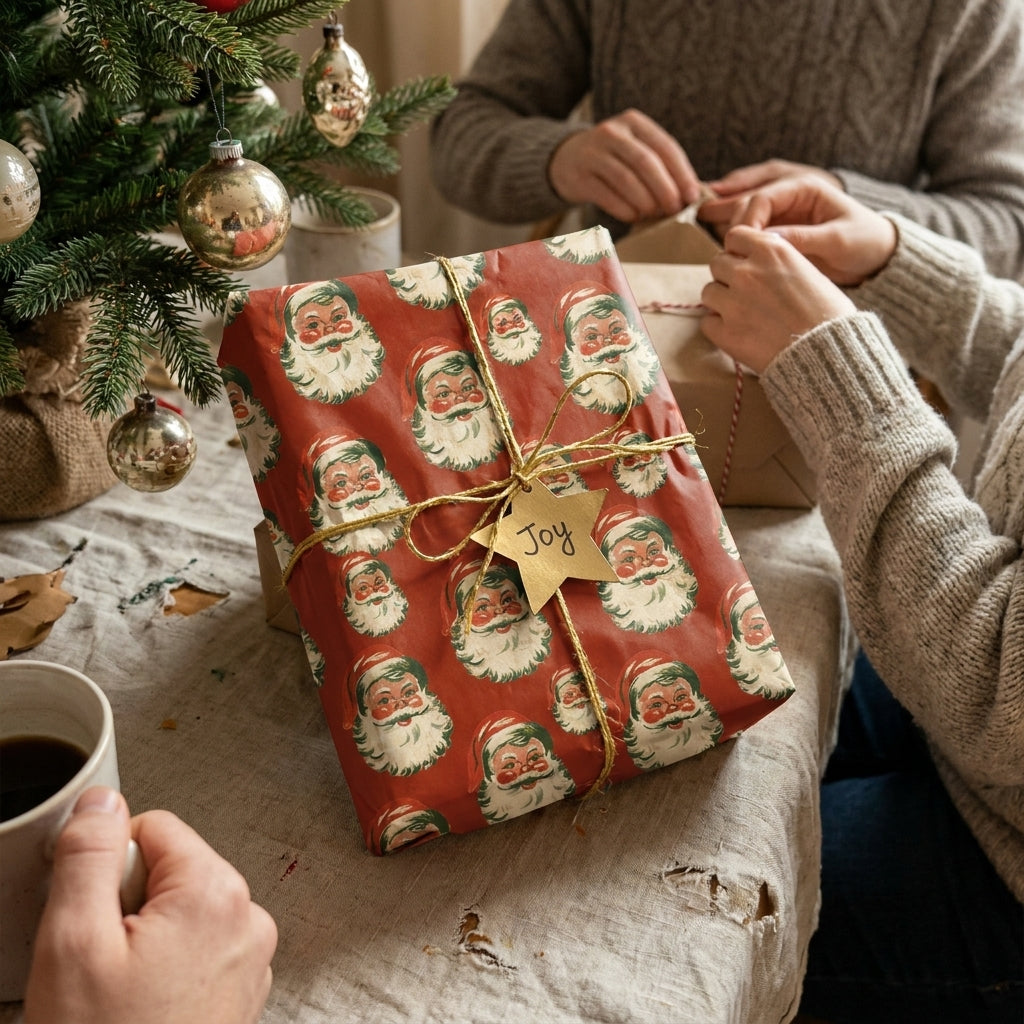 Vintage Santa Christmas wrapping paper with a gold twine bow on a rustic holiday table by Wrapped Studios.