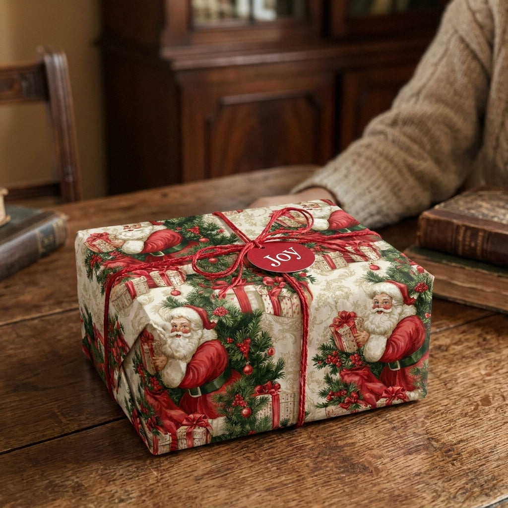 Vintage Santa Christmas wrapping paper on a gift box with red twine and a Joy tag by Wrapped Studios.