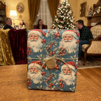 Vintage Santa Claus Christmas wrapping paper by Wrapped Studios tied with gold twine in a festive home.