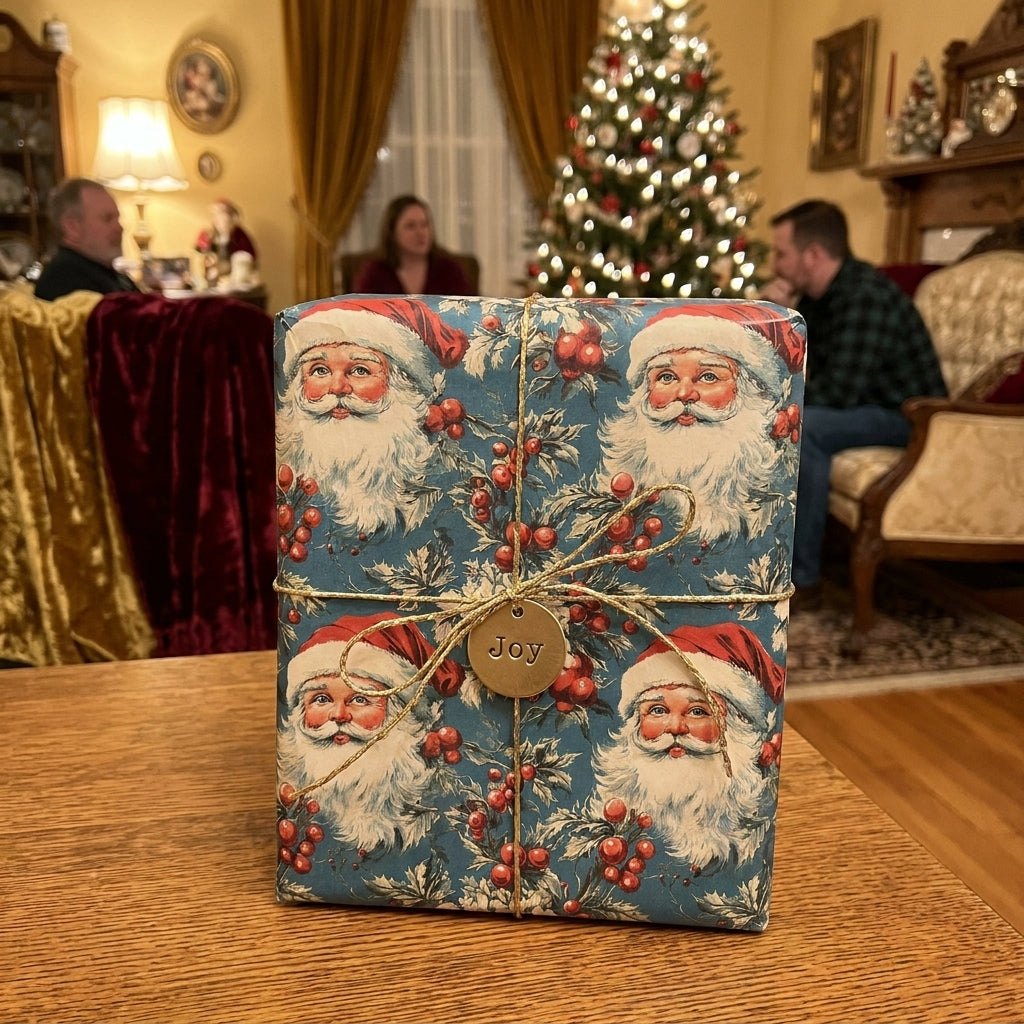 Vintage Santa Claus Christmas wrapping paper by Wrapped Studios tied with gold twine in a festive home.