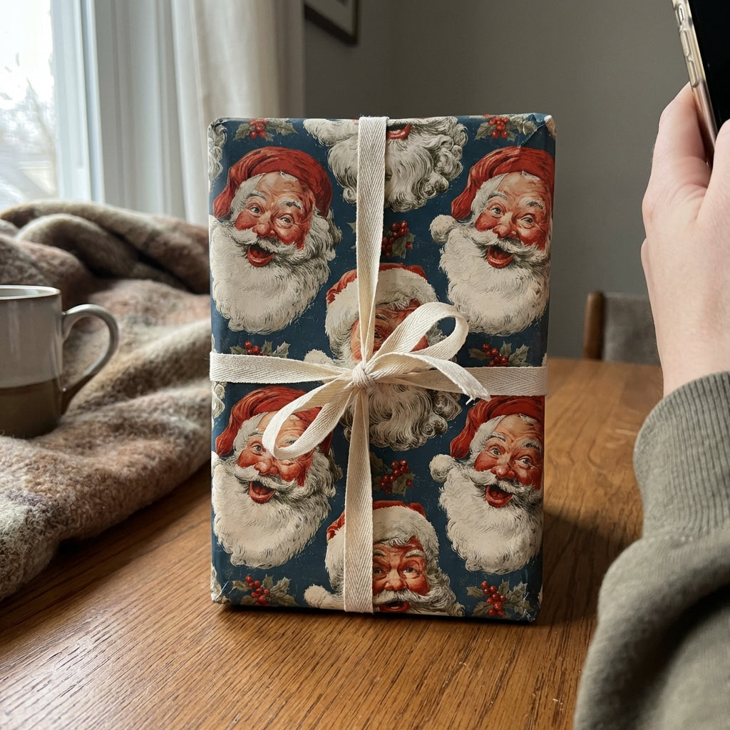Vintage Santa Christmas wrapping paper with cream ribbon.