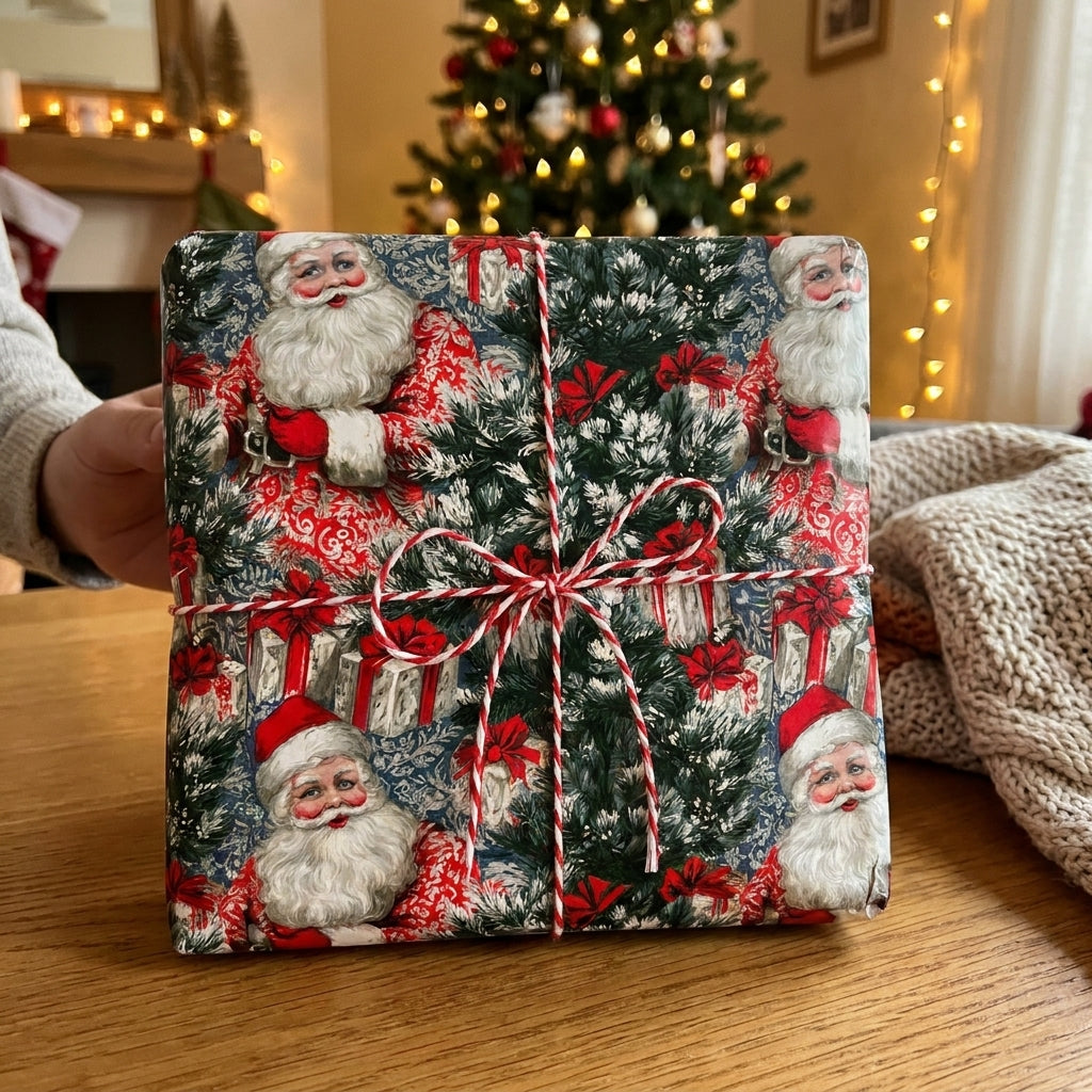 Vintage Santa wrapping paper with red and white twine bow on a Christmas present by Wrapped Studios.