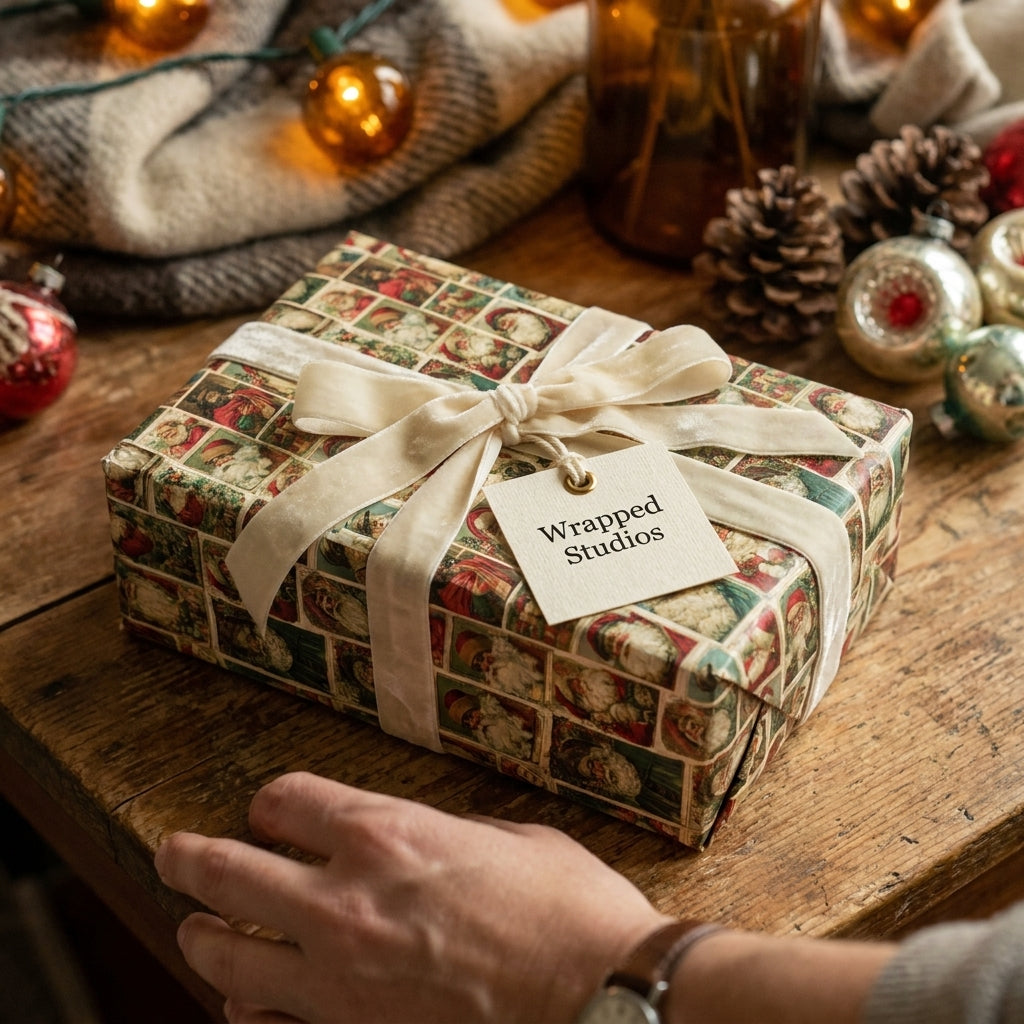 Vintage Santa Christmas wrapping paper by Wrapped Studios on a gift with a cream velvet ribbon.