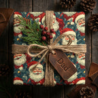 Wrapped gift for Dad with Santa Christmas gift wrap, twine bow, berries and pine sprig.