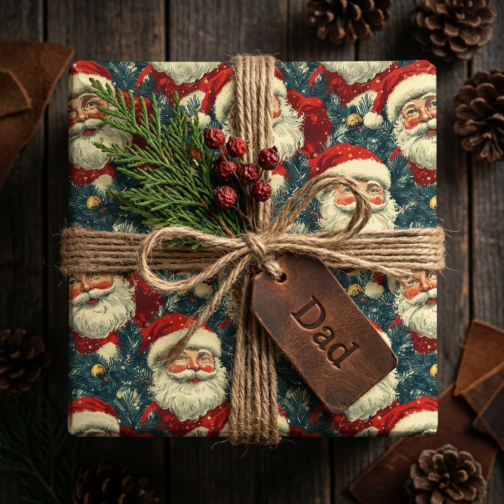 Wrapped gift for Dad with Santa Christmas gift wrap, twine bow, berries and pine sprig.