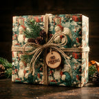 Vintage-style Christmas gift wrap with a Santa Claus pattern, accented with rustic twine, pine sprigs, and a gift tag.