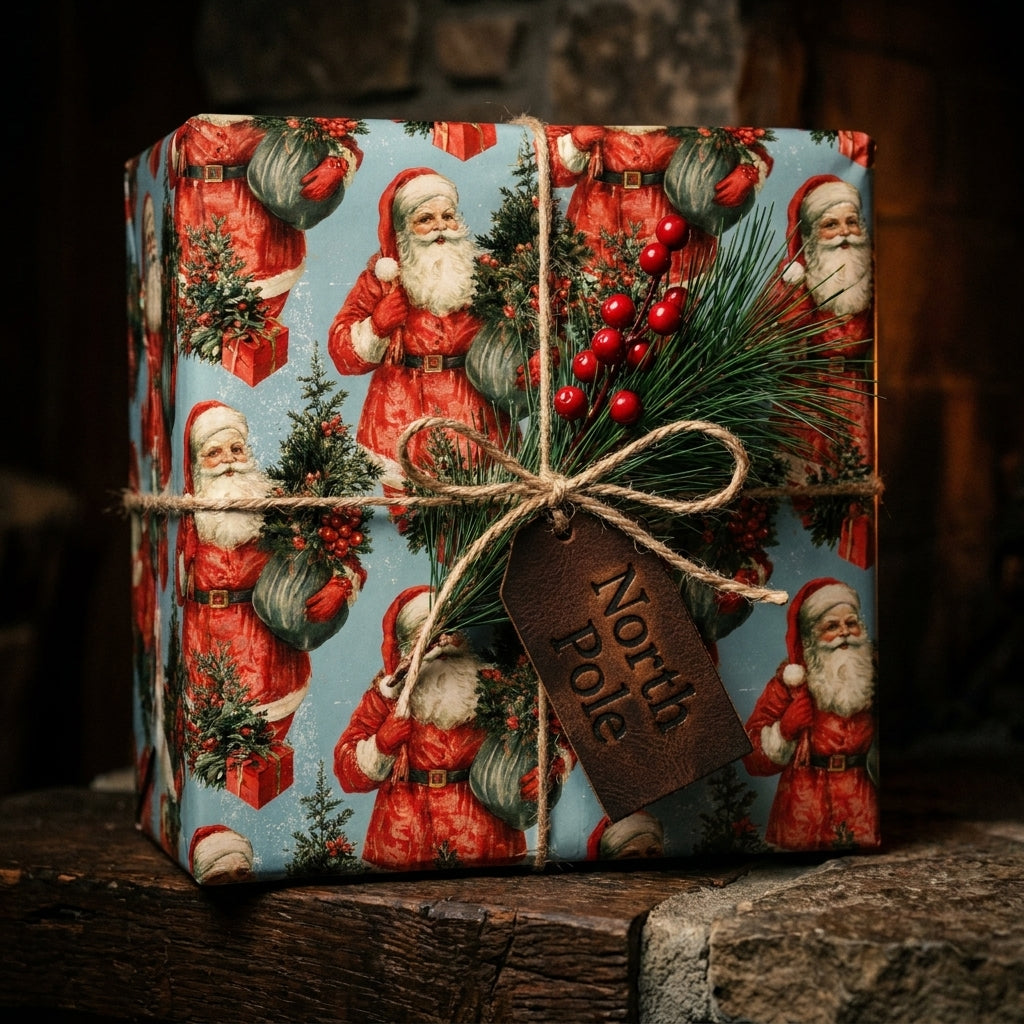 Vintage Santa Christmas wrapping paper by Wrapped Studios on a gift tied with a rustic twine bow and North Pole tag.