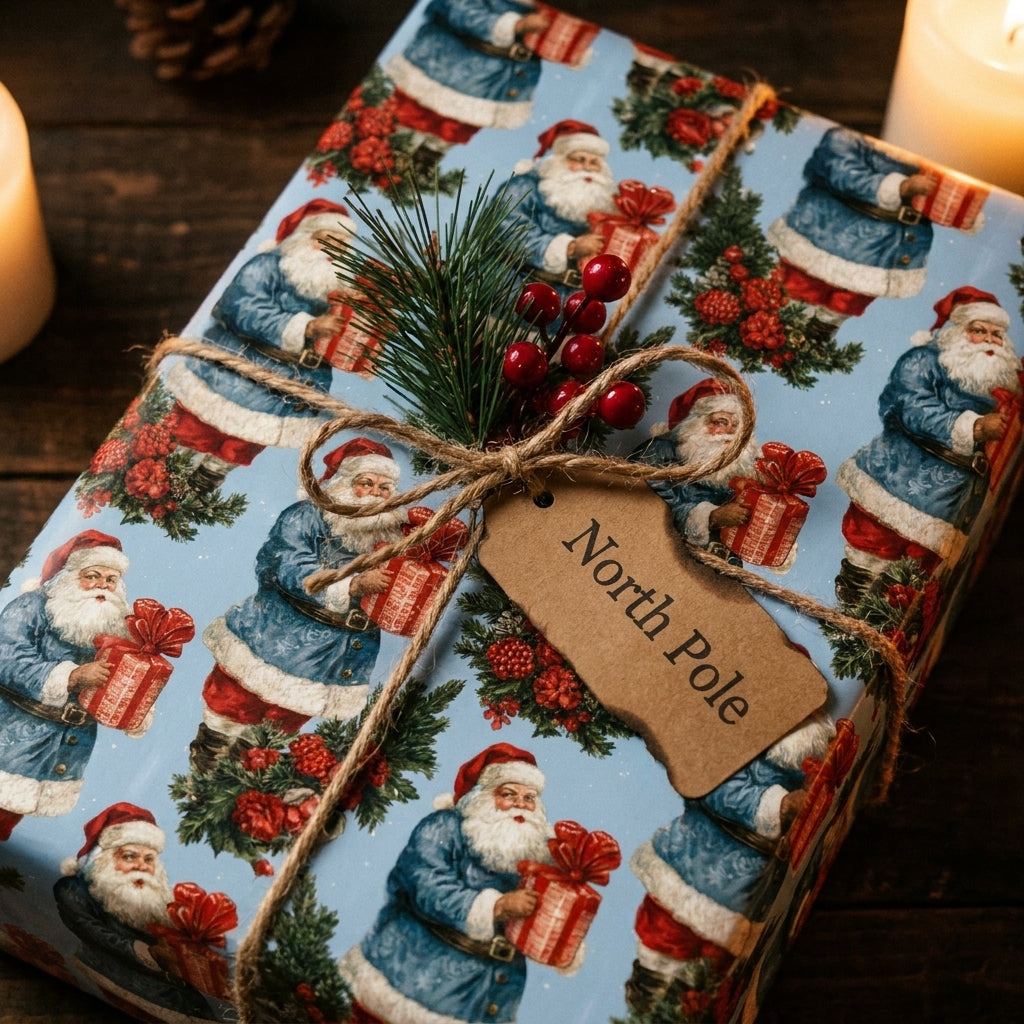 Blue vintage Santa Christmas wrapping paper by Wrapped Studios on a gift with twine and a North Pole tag.