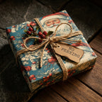Vintage Santa Christmas wrapping paper on a gift with twine bow and 'No Peeking' tag by Wrapped Studios.