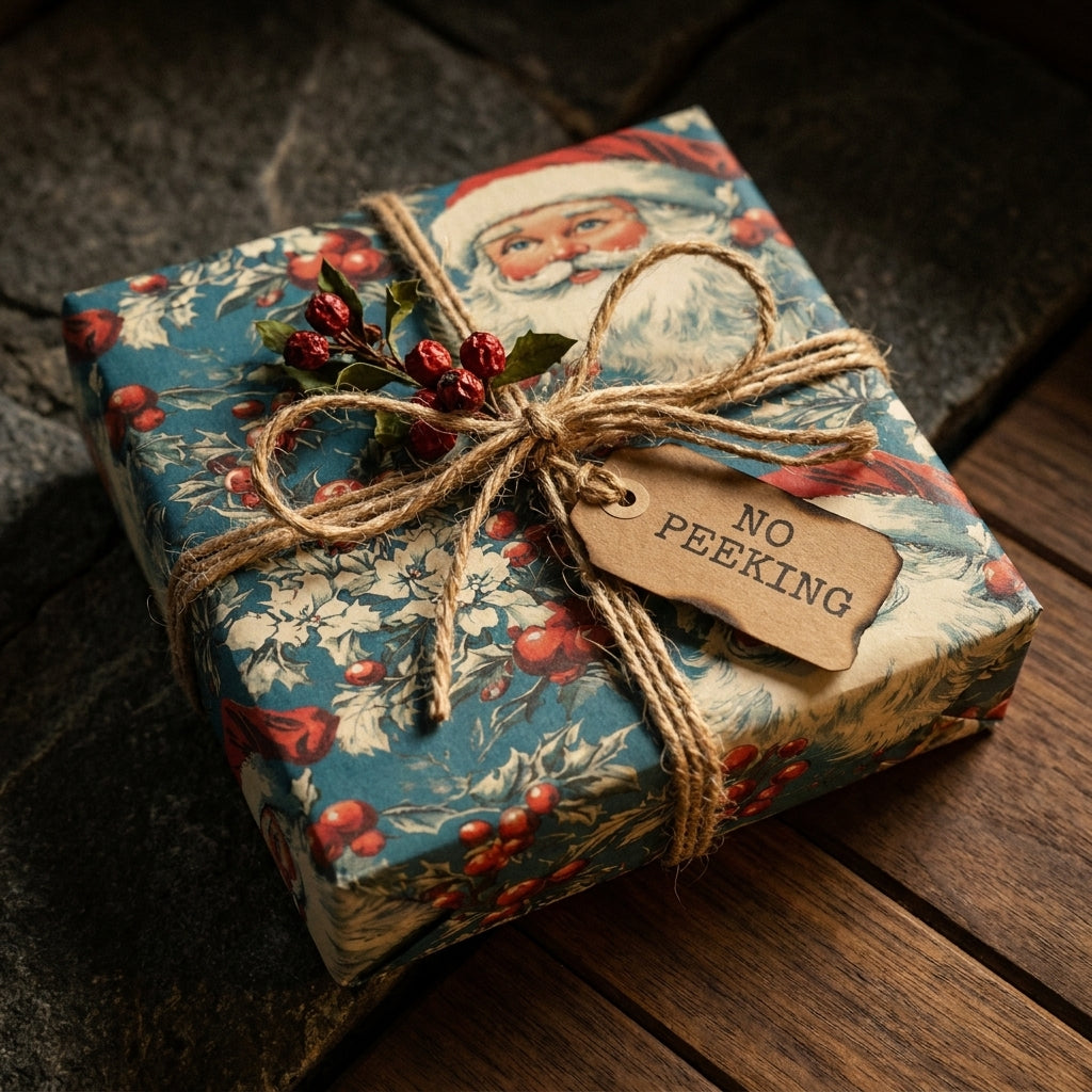 Vintage Santa Christmas wrapping paper on a gift with twine bow and 'No Peeking' tag by Wrapped Studios.