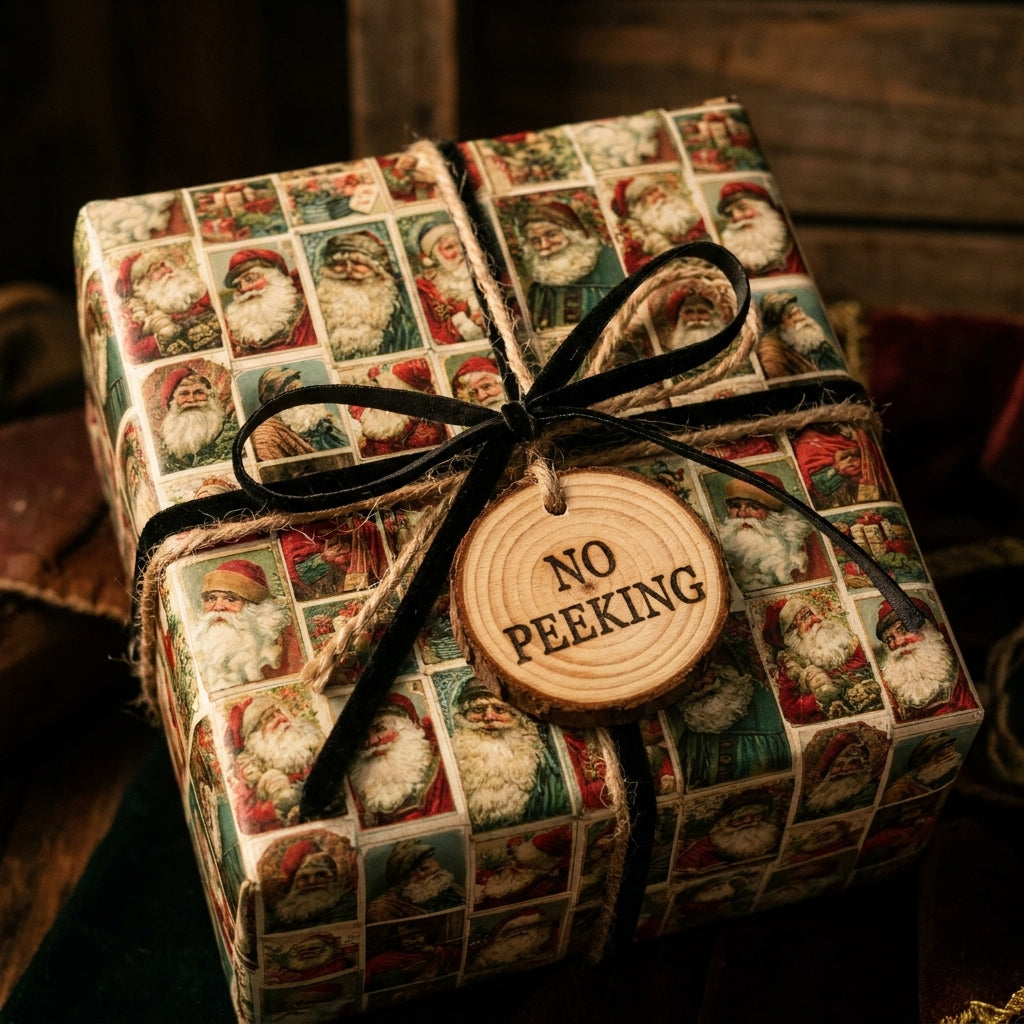 Vintage Santa Claus Christmas wrapping paper with ribbon and rustic 'No Peeking' tag by Wrapped Studios.