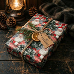 Vintage Santa Christmas wrapping paper by Wrapped Studios on a rustic gift tied with twine.