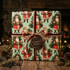 Vintage Santa Christmas wrapping paper by Wrapped Studios, rustic holiday gift wrap tied with red velvet ribbon.