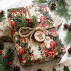 Vintage Santa Christmas wrapping paper by Wrapped Studios, with rustic twine, berries, and wooden tag.
