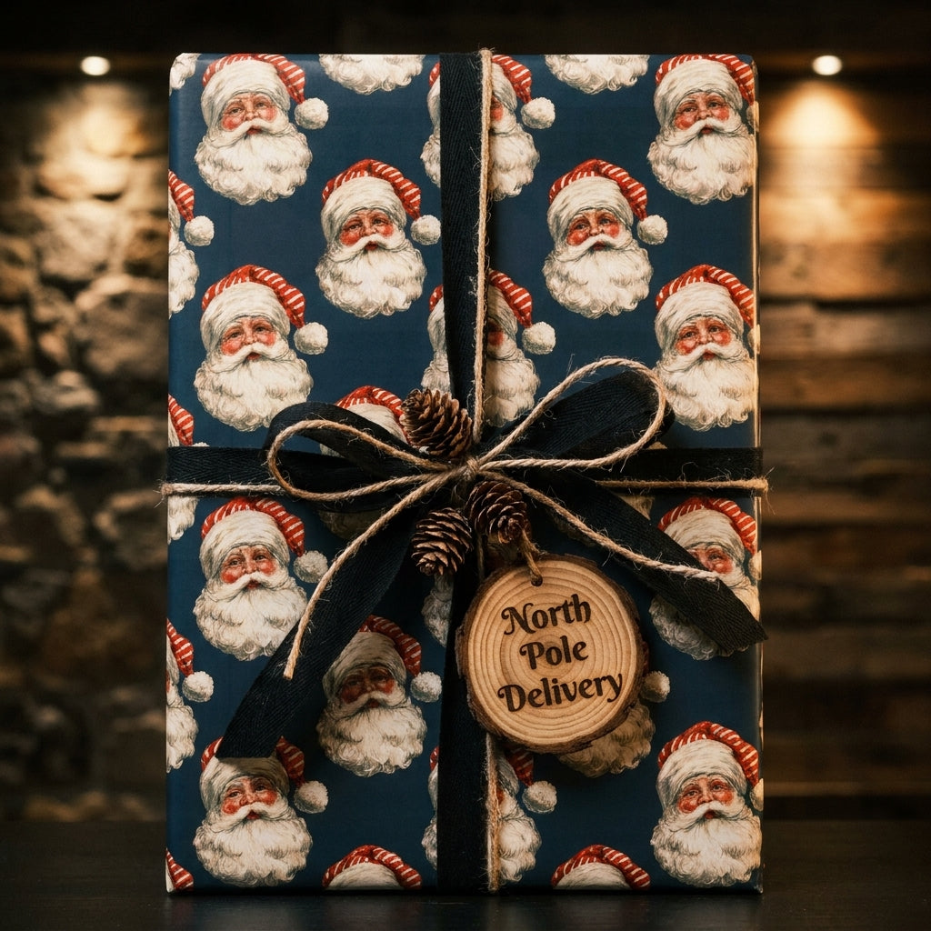 Vintage Santa Claus Christmas gift wrap with a black ribbon and rustic wood tag by Wrapped Studios.